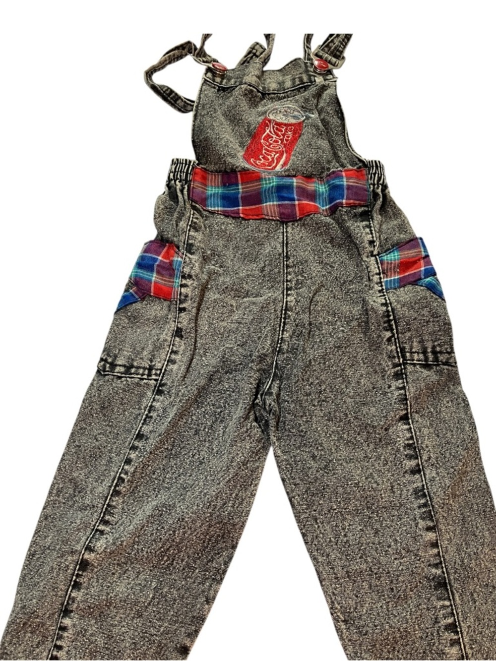 Vintage 80s Coca-Cola Toddler Overalls Acid Wash Plaid 2T - Picture 3 of 13